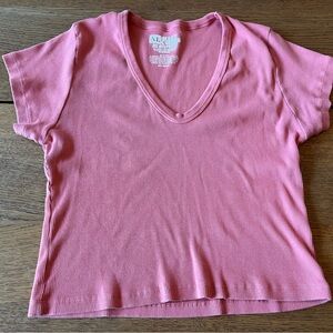 Big Bud Press Coral Ribbed Short Sleeve Cropped V-Neck Tee Size XL Made in LA